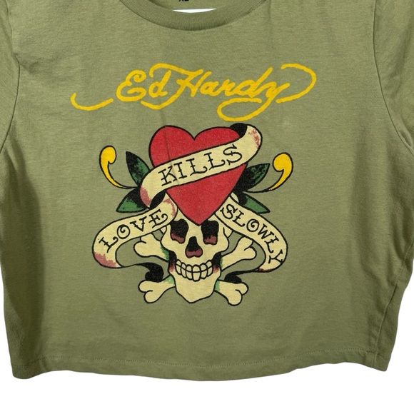Ed Hardy Love Kills Slowly Crop Top, Olive Green, Size XL - Picture 3 of 6